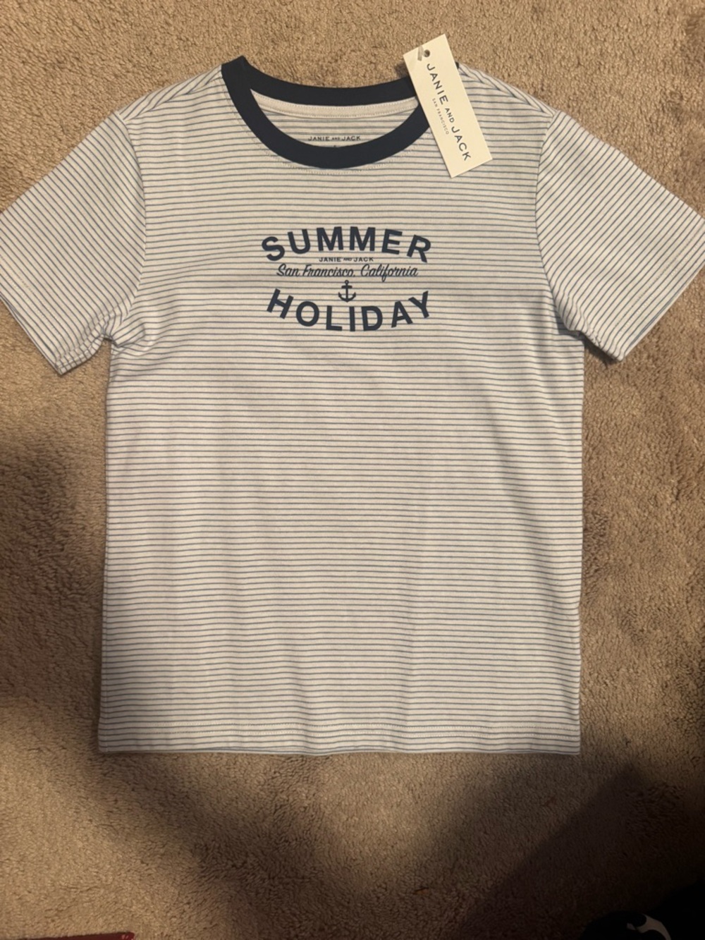Janie and Jack White Tee with Navy Stripes and Navy Trim
